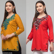 This is a very good and beautiful product. This fabric is also soft. This short kurti is good for summer. It is made of Kashmiri work_ Mustard_Red