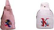Pink & Off White Canvas Sling Bag for Women & Men | Cricket Player Print & Floral Letter K Design Crossbody Shoulder Bag | Casual Travel College Office Multipurpose Stylish Messenger Bag