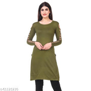 Kanchan World Women's Cotton Solid Long Kurti with Criss-Cross Cut-Out Sleeves | Casual Full Sleeve A-Line Kurta