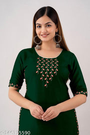 Zeenat  Long Embroidered Kurti for Women's and Girls Party Wear (Dark Green)