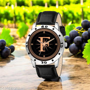 Femeo  Analog 9109 Watches Round Black Dial F Design Stylish Black Leather Strap Classic Design Fancy Wrist Watch for Men and Boys, Pack of 1 - A07ZALPHA-F-AVO-SIL-BLK-L