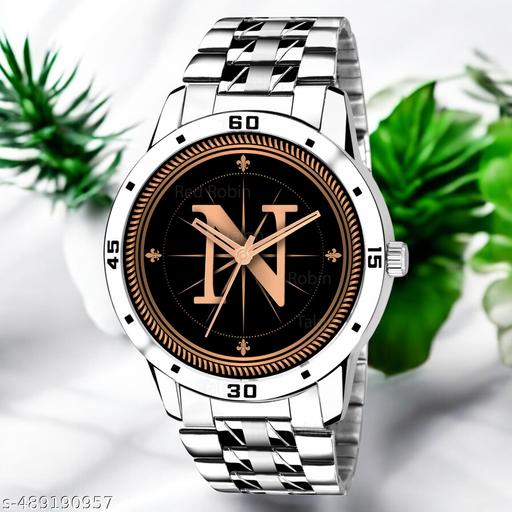 Sky Mart  Analog Round Black Dial ALPHABET N Design Stylish Silver Stainless Steel Strap Classic Design Fancy Wrist Watch for Men and Boys, Pack of 1 - ALPHA-N-AVO-SIL-STL