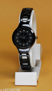 Attractive Colorful Diamond Studded Flower Designer Round Dial Metal Belt Analog Watch for Women Watch for Girls