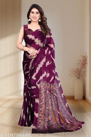 Women Wine Chiffon Print Saree with Printed Border