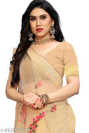 Rityanusaar Beautiful and stunning Net Floral Thread Embroidery Saree With moti Lace Border&unstitched blouse