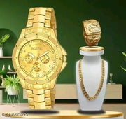 Gold Dial Golden Wrist watch for men watch With free ring And  Men With Free Designer Flat Chain gold plated chain