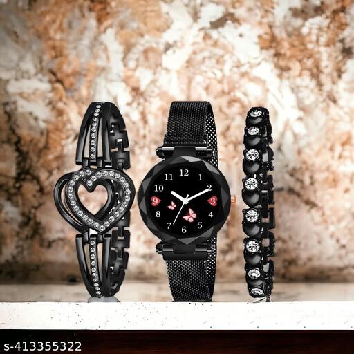 Girls Magnetic Watch With Dual Heart Bracelet Combo