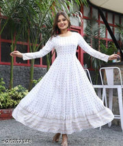 White Anarkali Kurti with Gold Print