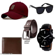 pack of 5 combo fashoinable accessories for men and boys solid printed baseball cap leather watch belt wallet glasses