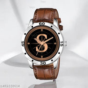 Natrix Analog Round Black Dial ALPHABET S Design Stylish Brown Leather Strap Classic Design Fancy Wrist Watch for Men and Boys, Pack of 1 - ALPHA-S-AVO-SIL-DBRW-CRL