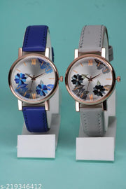 Fancy Flower Design Lather Belt Analog Watch For Womens & Girls