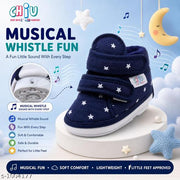 Chiu Baby Booties for Boys & Girls | Chu Chu Musical Sound Baby Shoes | Soft Cushioned Navy Blue Star Printed Lightweight Anti-Skid Kids Footwea