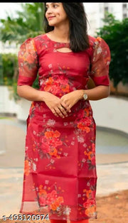 Organza Flower Print Red Kurtis puff Styling sleeve, Styling Design
