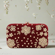 RABIYA Fashion Ladies Velvet Clutch – Dark Maroon & Gold Embroidered Bridal & Weddings Girls & Women