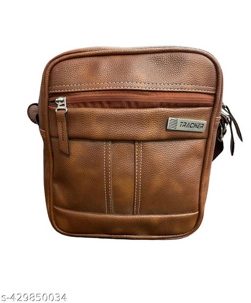 Stylish Small PU Leather Sling Cross Body Travel Office Business Messenger One Side Shoulder Bag for Men & Women (TanBrown