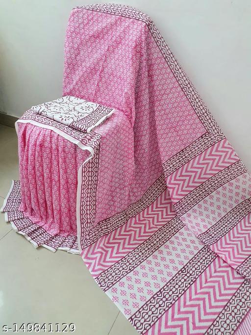 Cotton Mulmul Hand Printed Saree With Unstitched Blouse