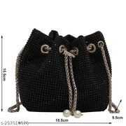 Fantastiqo Luxury Rhinestone Bucket Sling Bag for Women – Sparkling Evening Shoulder Purse with Silver Chain- Black