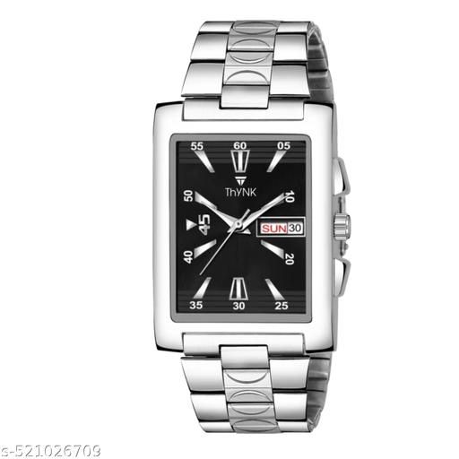 THYNK Black Dail Trending Square Series | Working Day and Date | Stainless Steel ADJUSTABLE CHAIN Analog Watch - For Men