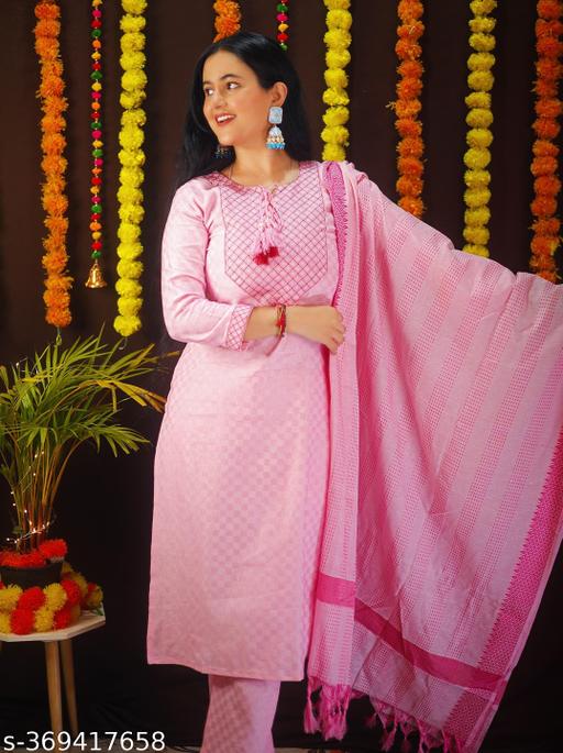 embroidered cotton kurti pant dupatta set||embroidered cotton kurta pant dupatta set||women kurti set||cotton kurti pant set||festive wear kurti set