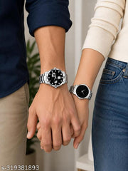 Black Dial Analog Watch For Men & Women Couple Pair Stainless Steel Stylish