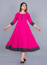 Unique Stylist Women's Solid Printed Round Pleated Flared Kurti (Pink)