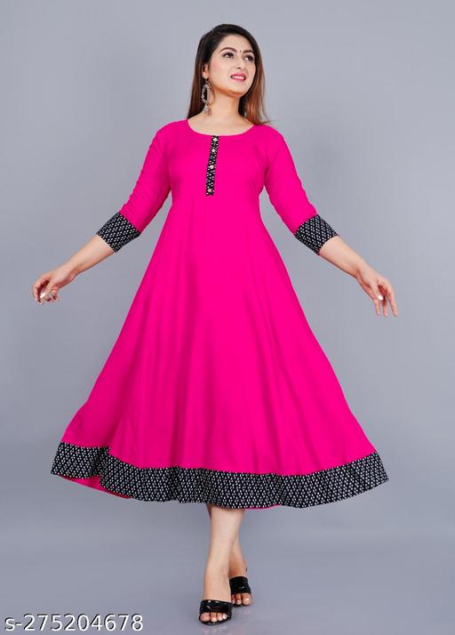 Unique Stylist Women's Solid Printed Round Pleated Flared Kurti (Pink)