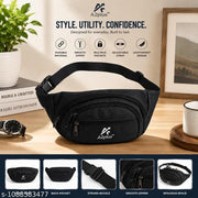 Premium Black Waist Bag for Men & Women | Multi Pocket Fanny Pack | Adjustable Belt Travel & Daily Use Waist Pouch