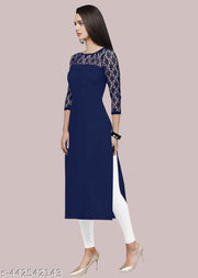 Casual American Crepe And Net Round-Neck 3/4 Length Sleeves Navy Blue Kurti (45"Inches)