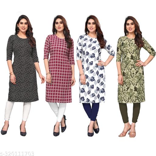 Women Printed Crepe Straight Kurti Combo of 4
