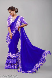 Women's Beautiful Print Georgette Frills Saree With Blouse Piece