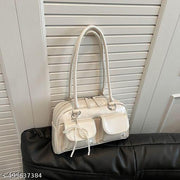 Shiny White Double Pocket Decor Shoulder Bucket Bag With Pearl Keychain For Women