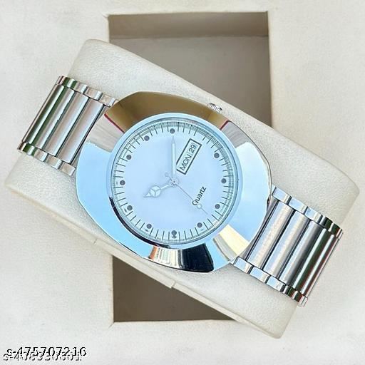 Vintage Radd Design Day & Date Working Display Blue Dial| Silver Plated | Studded | 3D Cut Glass | Stainless Steel Chain | Analog Watch For - Men