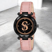 Krolexe Analog Round Black Dial ALPHABET S Design Stylish Peach Leather Strap Classic Design Fancy Wrist Watch for Women and Girls, Pack of 1 - ALP-S-GEN-BK-PCH-L