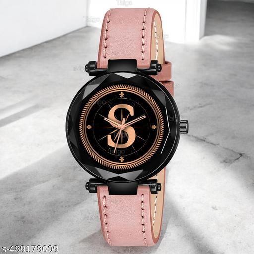 Krolexe Analog Round Black Dial ALPHABET S Design Stylish Peach Leather Strap Classic Design Fancy Wrist Watch for Women and Girls, Pack of 1 - ALP-S-GEN-BK-PCH-L