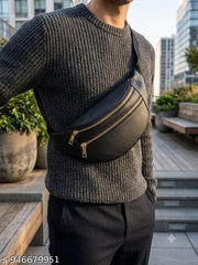 Premium Black Leather Waist Bag for Men & Women | Stylish Crossbody Chest Sling Bag with Dual Golden Zippers & Adjustable Strap