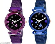 Analogue Studded Stylish Black Dial Magnet Watch for Girls and Women (Combo of 2)