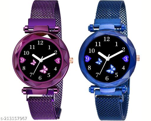 Analogue Studded Stylish Black Dial Magnet Watch for Girls and Women (Combo of 2)