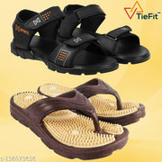 TieFit Men's Accupressure Non-Slip Slippers & Light Weight Sandal Combo Pair Of 2