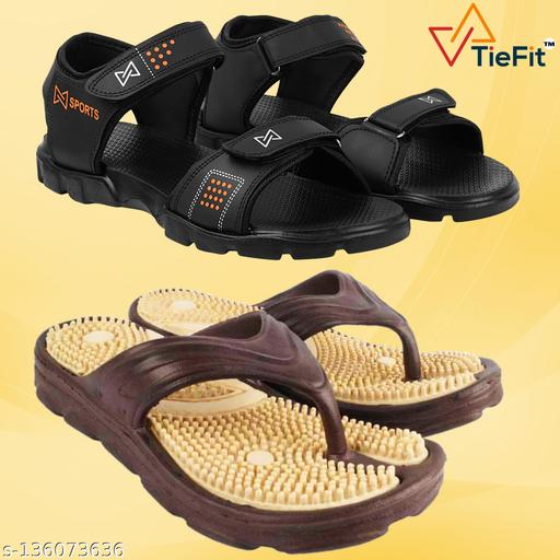 TieFit Men's Accupressure Non-Slip Slippers & Light Weight Sandal Combo Pair Of 2