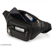 Men's Black Leather Waist Bag Multipocket Fanny Pack Adjustable Belt Bag Travel Waist Pouch Crossbody Sling Bag with Zipper Compartments for Travel, Outdoor, Hiking, Running, Cycling and Daily Use
