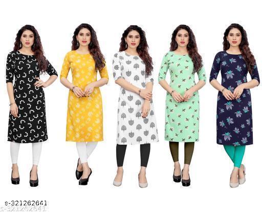 Polyster/Crepe fabric-Women Printed Straight Kurti Combo of 5