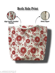 Canvas Bag with Red Floral Print and Studded Handles