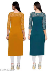 Pack of 1 Casual American Crepe And Net Round-Neck 3/4 Length Sleeves Yellow & Rama Kurti (45"Inches)