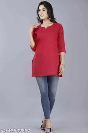 Women Cotton Solid 3/4th Sleeve V-neck Short Kurta-RED