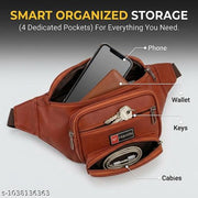 Men's Brown PU Leather Waist Bag Multi Pocket Adjustable Belt Bag Fanny Pack Travel Utility Crossbody Hip Bum Bag with Zipper Compartments for Daily Use Outdoor Travel Running and Casual Wear