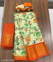 White Tusser Floral PolyCotton Saree for Women | Bright Color Semi-Transparent Daily Wear Sadi with Unstitched Blouse | Lightweight Saree Gift for Ladies