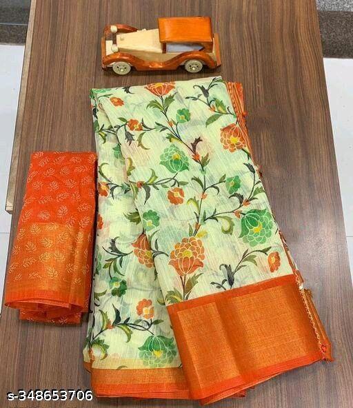 White Tusser Floral PolyCotton Saree for Women | Bright Color Semi-Transparent Daily Wear Sadi with Unstitched Blouse | Lightweight Saree Gift for Ladies