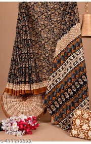 HAND BLOCK PRINTED SOFT COTTON MULMUL BAGRU PRINT SAREE WITH BEAUTIFUL ATTACHED BLOUSE