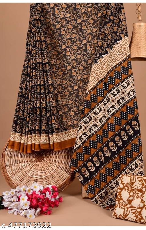 HAND BLOCK PRINTED SOFT COTTON MULMUL BAGRU PRINT SAREE WITH BEAUTIFUL ATTACHED BLOUSE