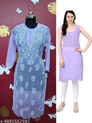Women's Chikankari Embroidered Chiffon Rose Gaal Booty Long Kurti wih inner.